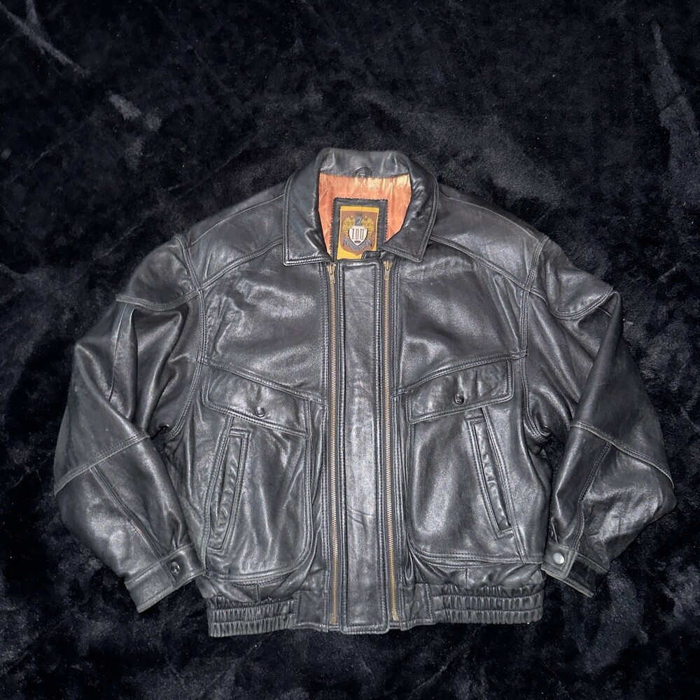 Vintage I.O.U Outerwear 1993 Black Genuine Leather Moto Bomber Coat Men X-Large